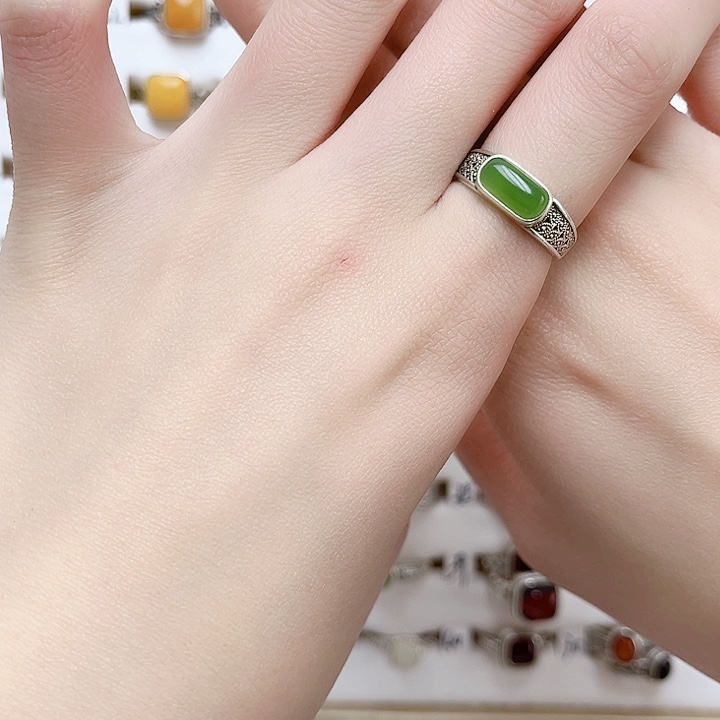 和田玉戒指银S925镶嵌925