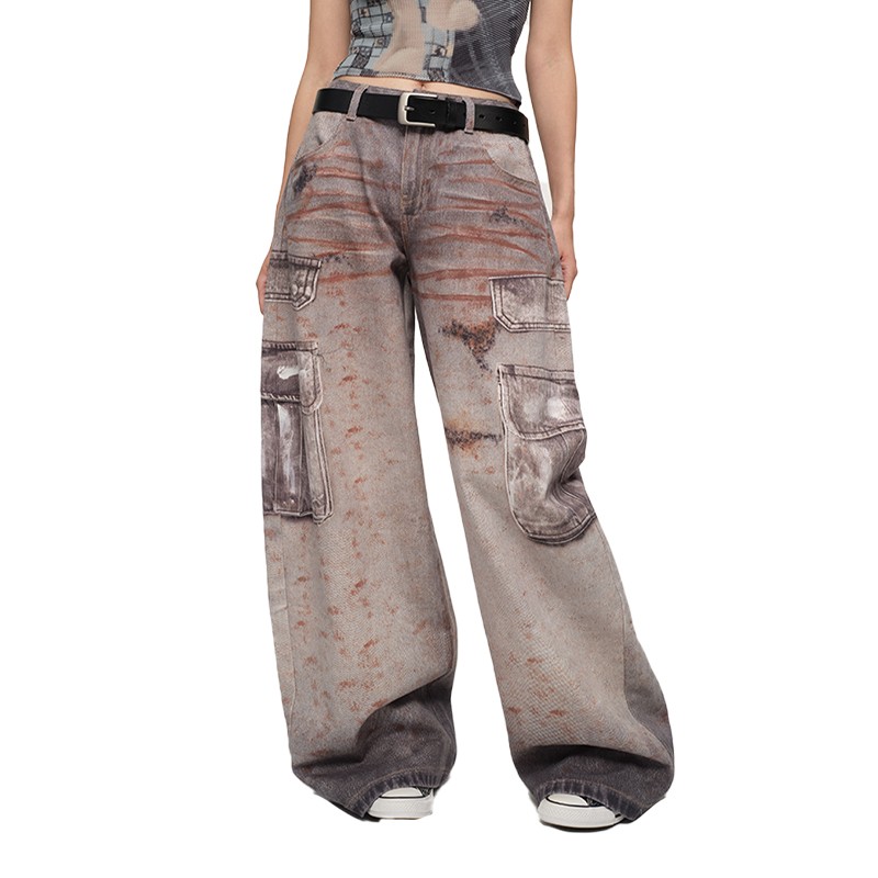 【自播】Oink oink 复古重工款灰色印花牛仔阔腿弯刀裤显瘦阔腿长裤