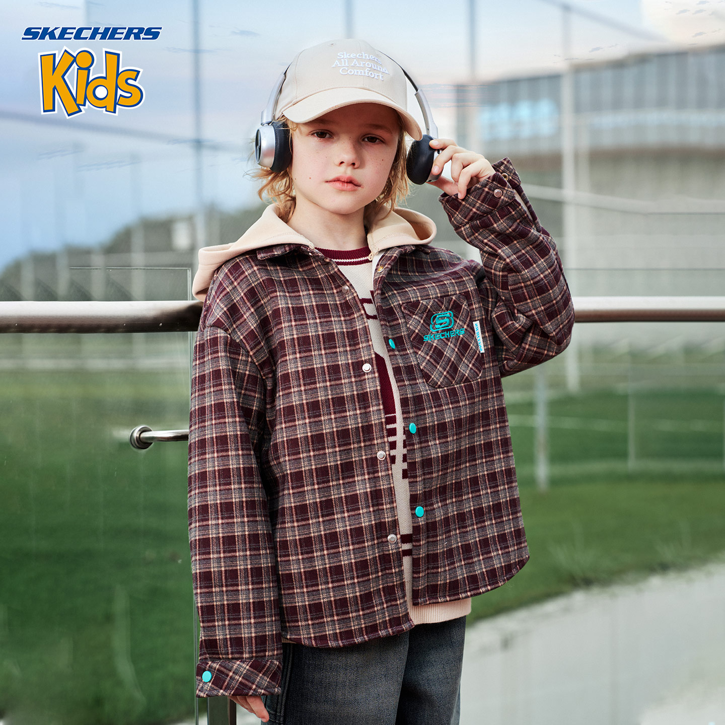 【HZ】SKECHERS斯凯奇童装新款外套格纹连帽外套H425B082