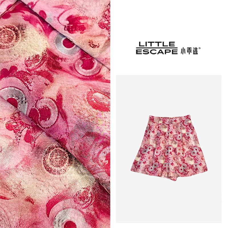 小乖逃25 新中式国风粉色短裤双口袋直筒阔腿花纹四分短裤 M8927