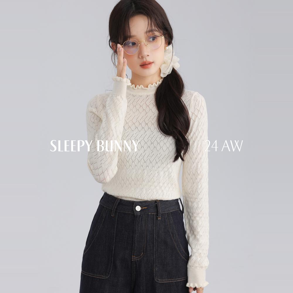 D瞌睡兔【清苍】木耳边花纹编织半高领针织衫女秋内搭打底衫244996