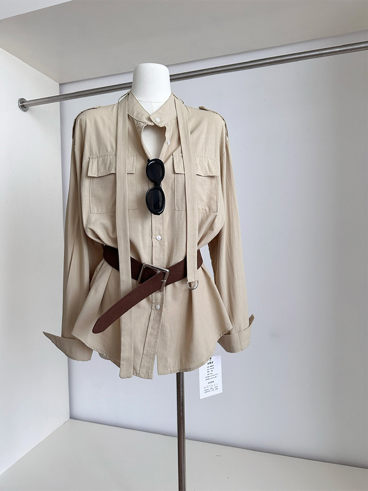 美式酷飒卡其色立领飘带系扣长袖衬衣女早秋新款口袋工装外搭上衣