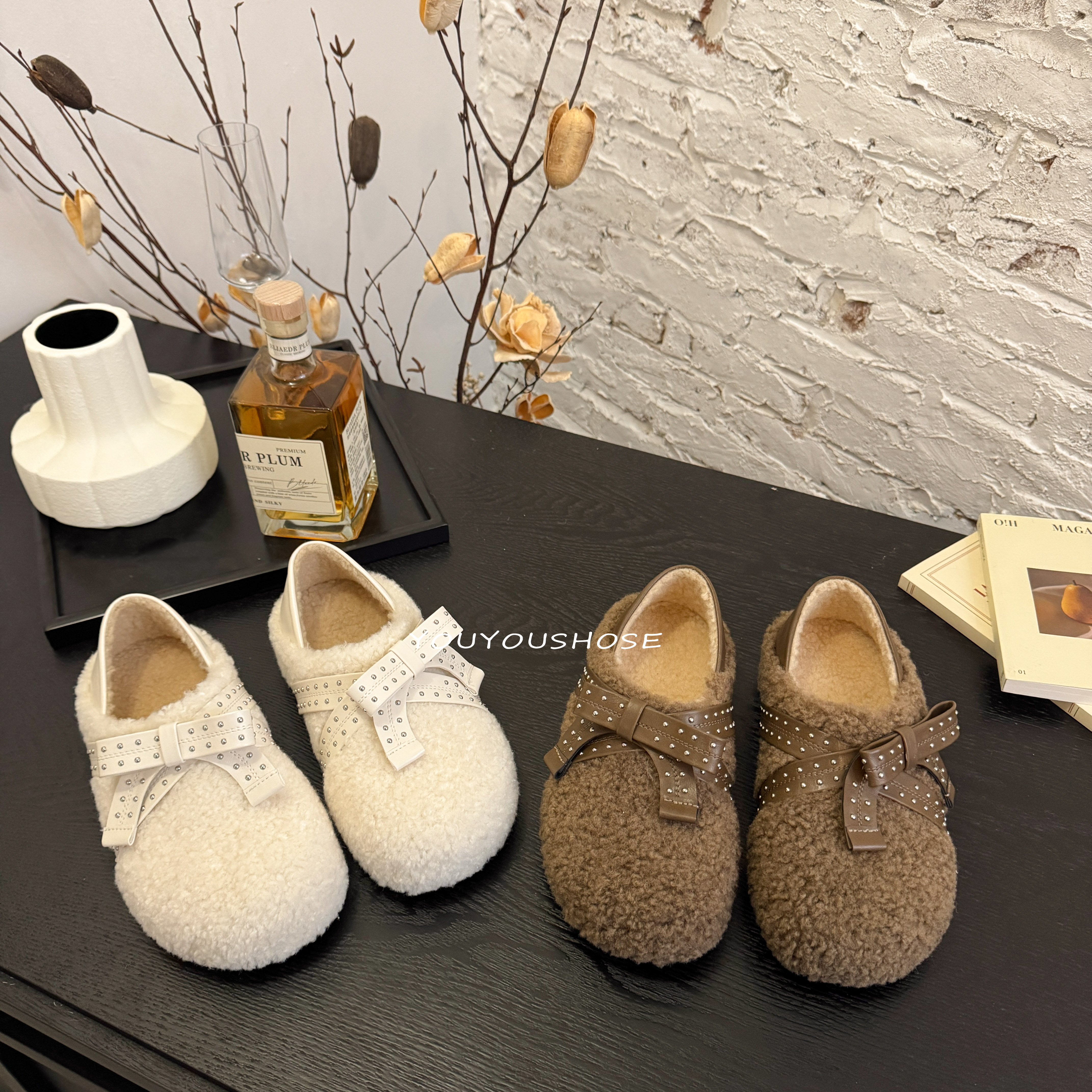 法式设计感两穿铆钉蝴蝶结毛毛鞋冬季新款两穿加绒保暖一脚蹬棉鞋