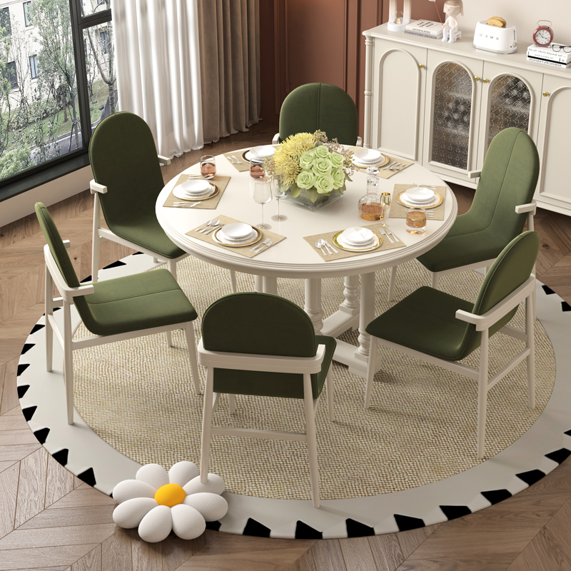 中古风圆形实木餐桌椅组合现代白色餐桌饭桌圆形餐台椅家用简约