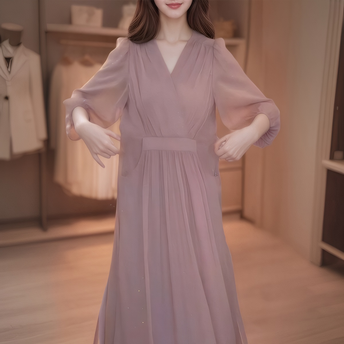 2025夏季新款法式复古收腰显瘦裙子轻奢高级感气质V领中长款紫色