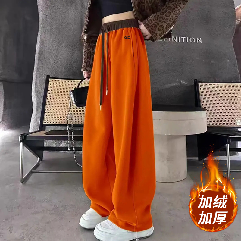 E加绒加厚刺绣拼接高街美式休闲卫裤裤杆高腰宽松直筒阔腿香蕉裤