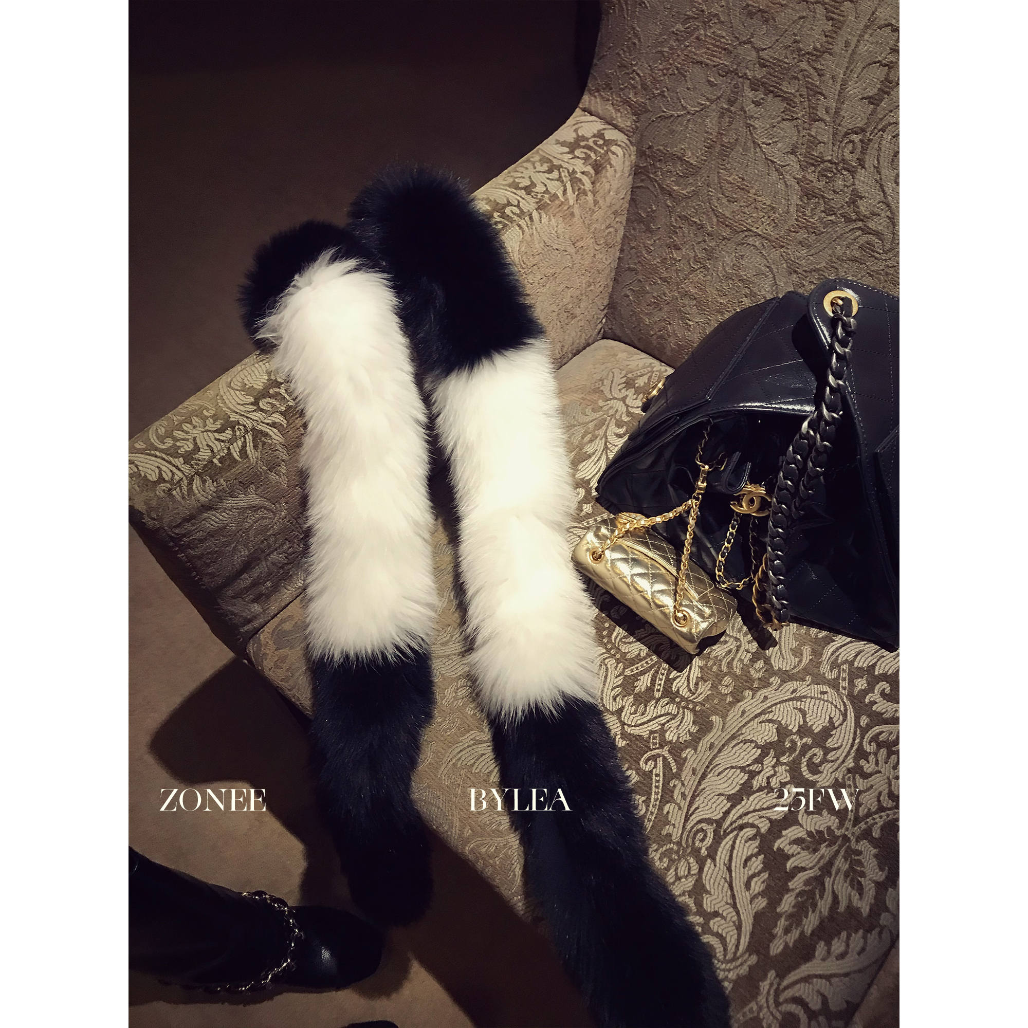 ZONEE 奇妙冬日 法式时髦精致感100狐狸毛黑白配色皮草围巾