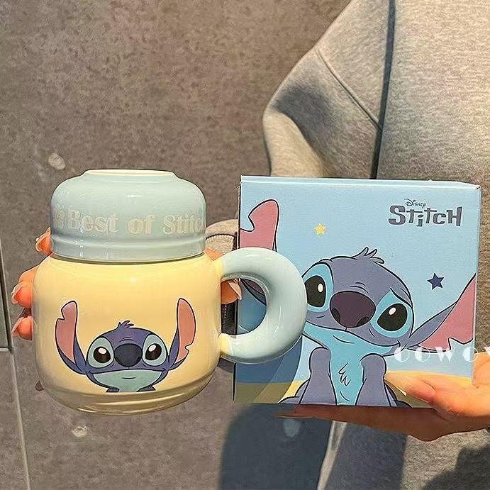迪士尼史迪仔杯子陶瓷马克杯带盖可爱宿舍家里喝水杯生日礼物