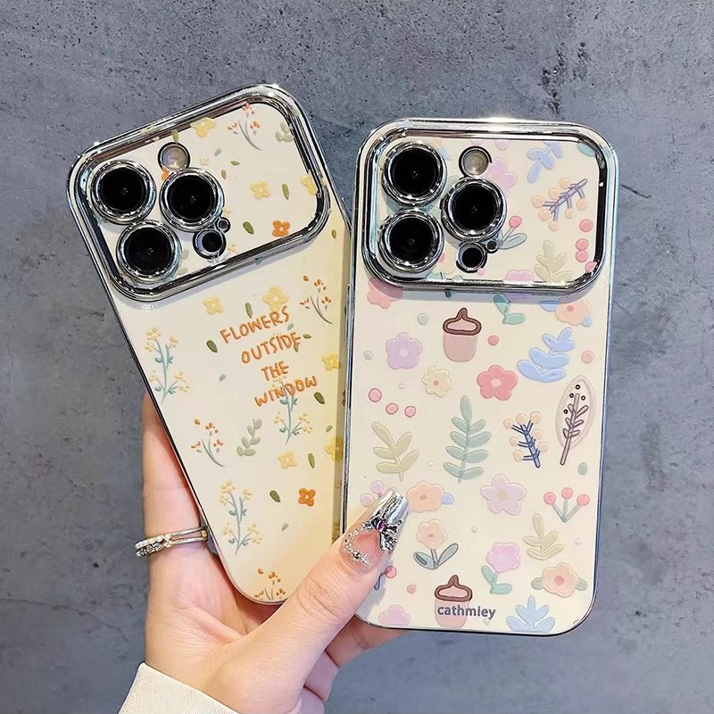 小清新满屏涂鸦花草适用iPhone17手机壳华为pura80卡通保护套
