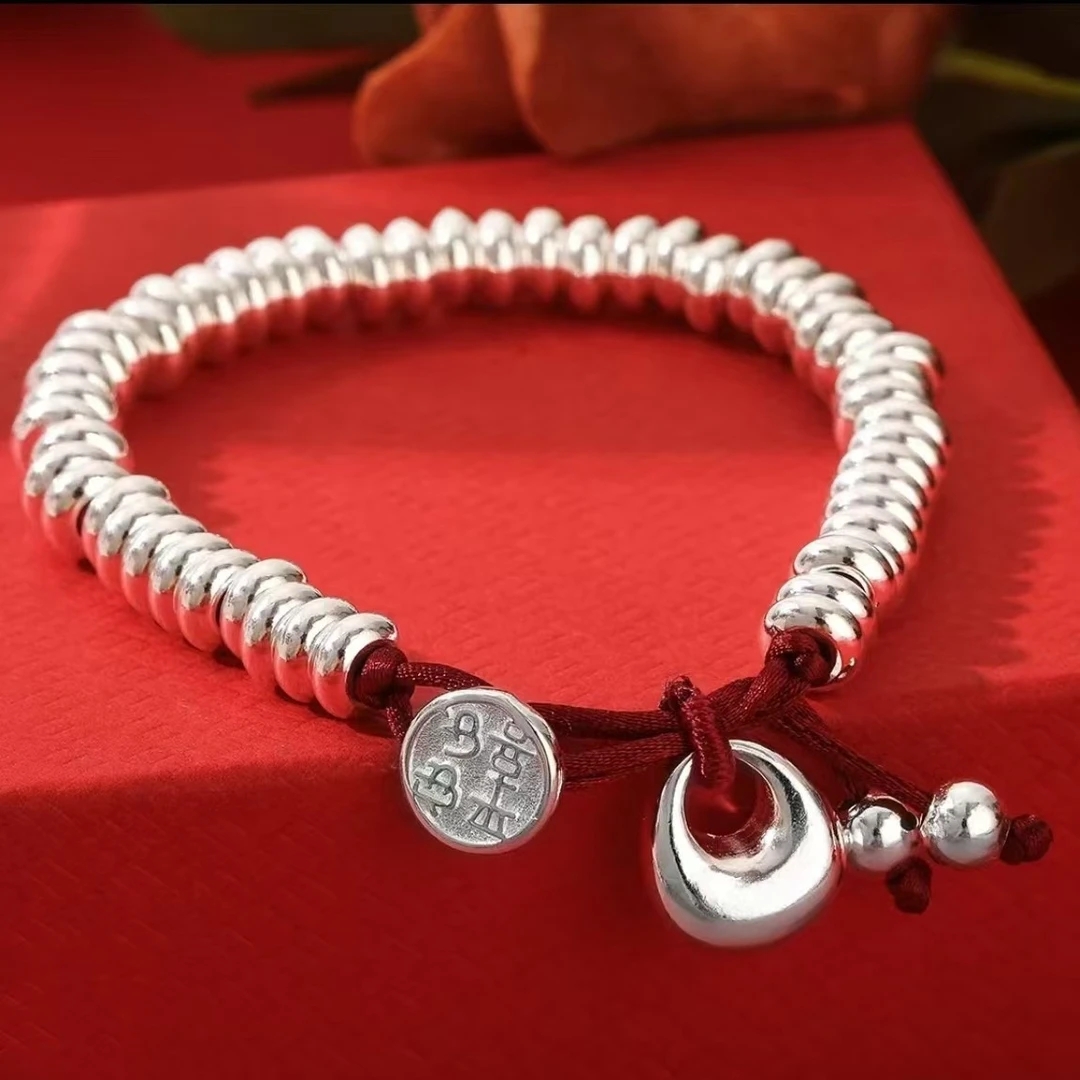 足银手链 足银手链007平安喜乐红绳盘缠编织手绳情侣手镯实心