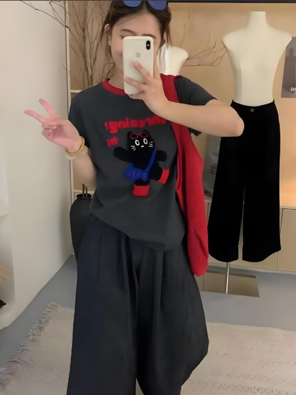 【刺绣猫咪】重工刺绣ins风韩系短袖T恤2025夏季新款显瘦百搭女上衣