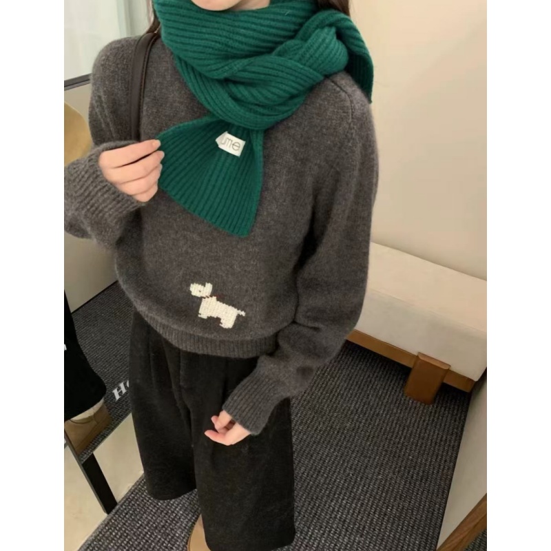 新品韩版秋冬内搭加厚密林灰下摆提花贵宾狗长袖圆领毛衣女300