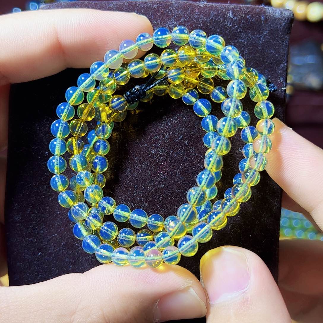 蓝珀珠宝奇石未镶嵌墨西哥蓝珀5mm108佛珠项链天空蓝