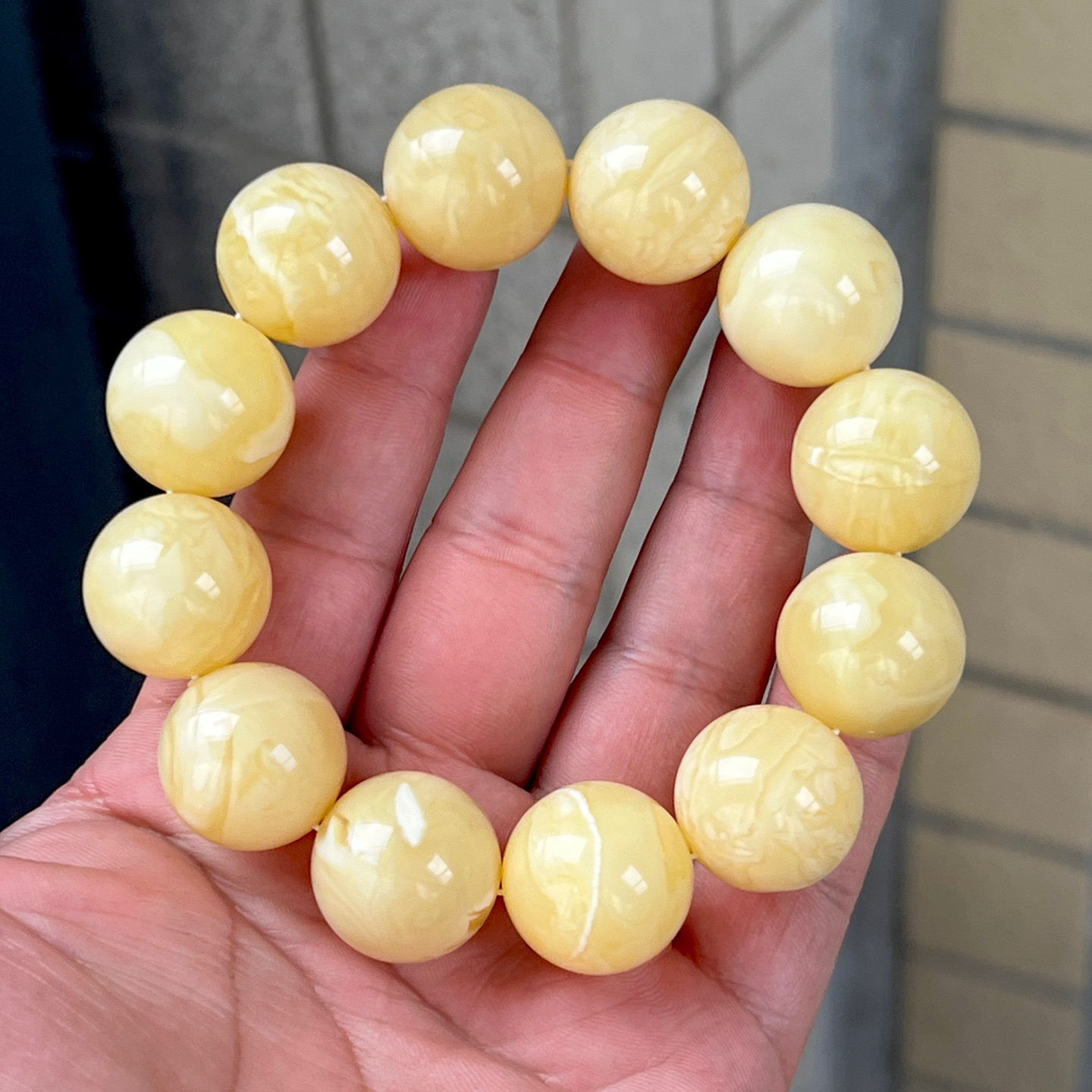 47.3 19mm天然精品阿尔卑斯浓蜡奶白蜜蜡圆珠单圈手串