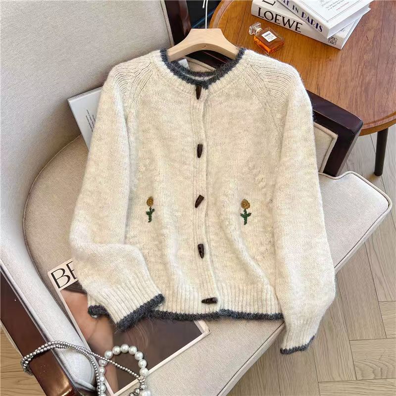 新款2025款软糯刺绣花朵针织毛衣加厚外套长袖秋冬新款开衫高级感