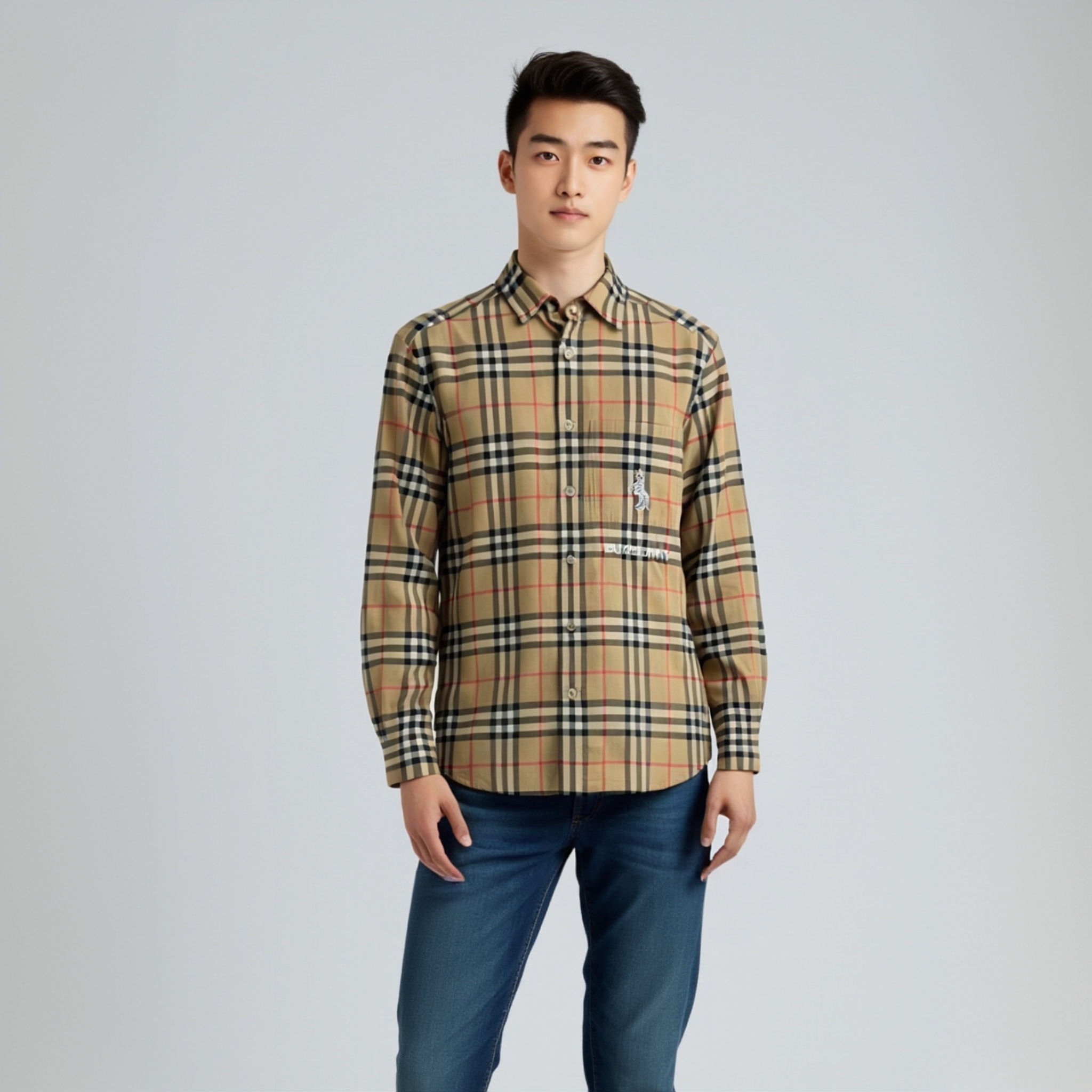 99新 BURBERRY/博柏利 12849129 独角兽格纹衬衫 卡其色 XS码