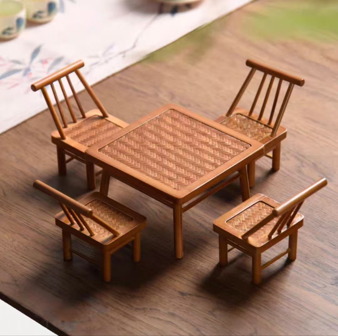 纯手工竹编竹制干泡台正方形小桌子椅子壶承盖置迷你摆件迷你桌椅