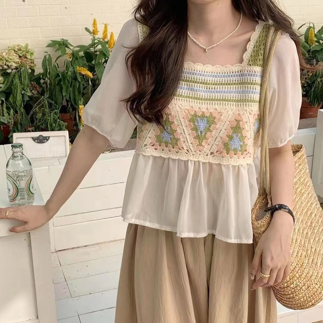 601-650夏季民族风复古流苏镂空撞色针织短袖上衣配绿色半身裙女
