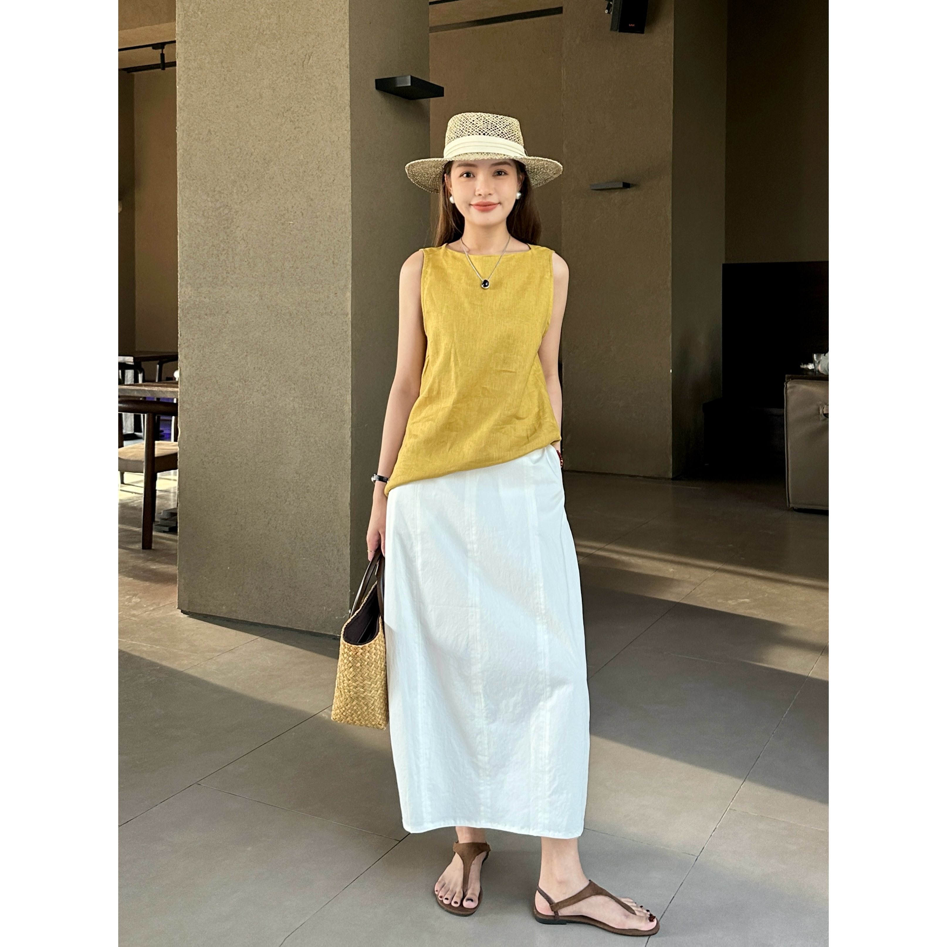 【100亚麻】SUAN 小众简约设计感后拉链无袖上衣 TT8294#