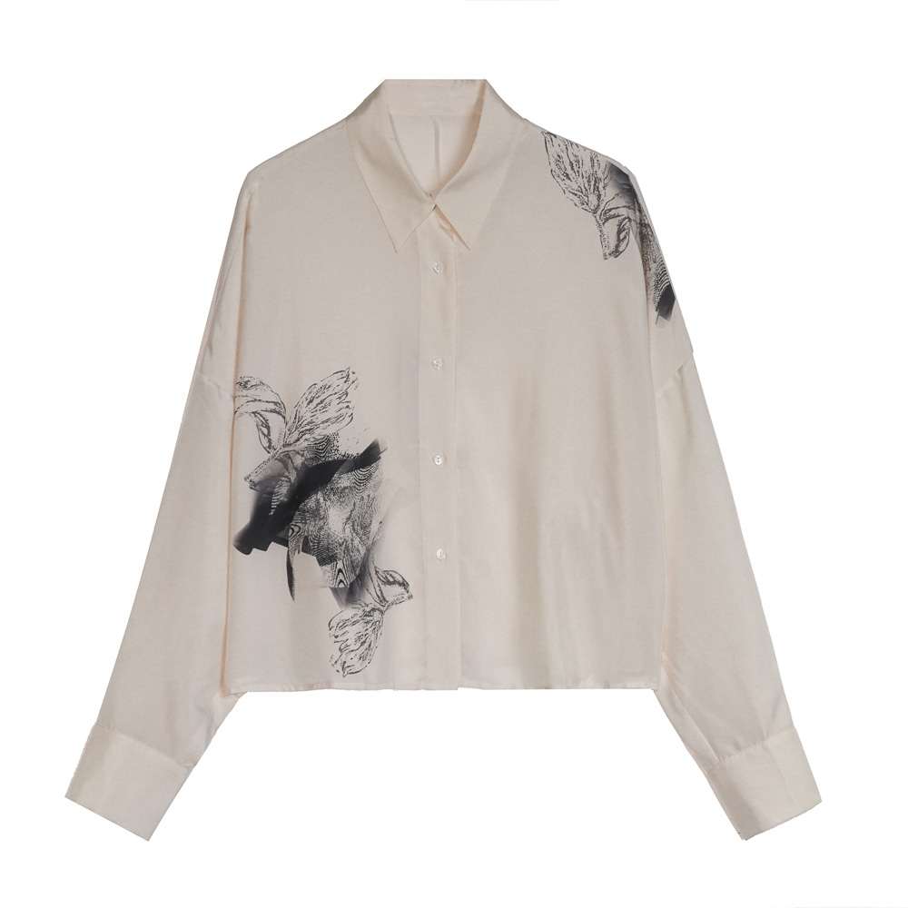 100%桑蚕丝休闲长袖翻驳领常规款衬衫设计感宽松极简风132S2780