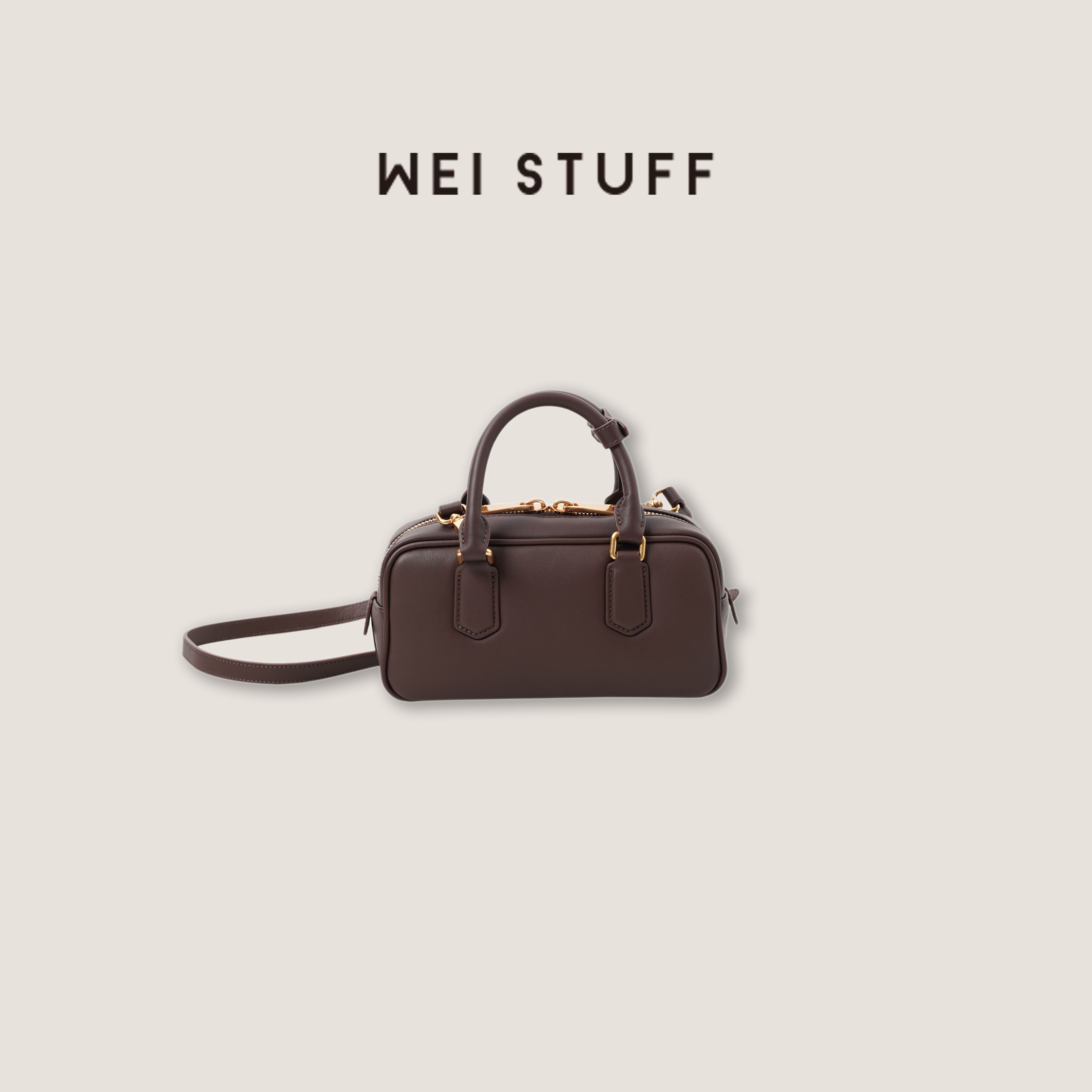 WEI STUFF 咖色头层牛皮法式气质时尚高级感单肩手提包 8260.