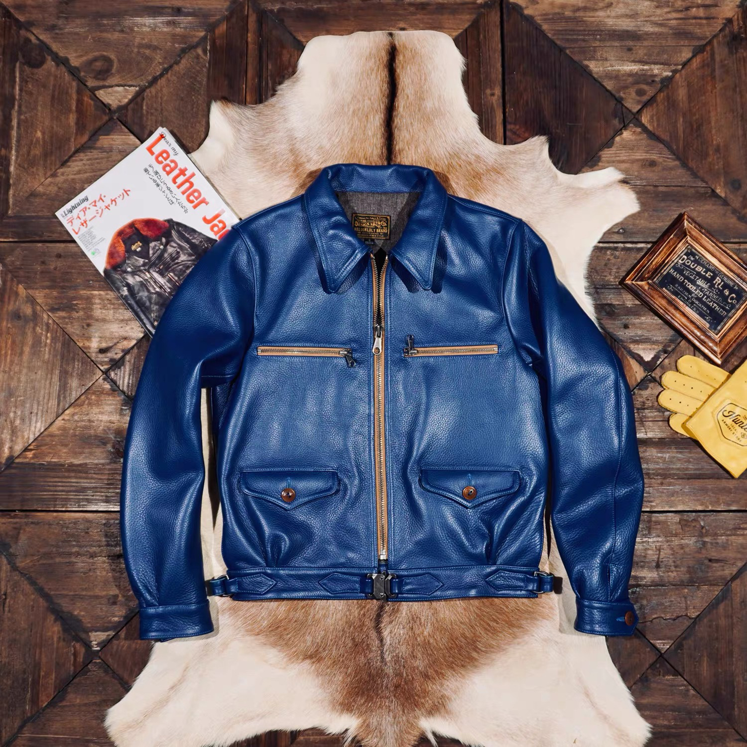 1.6MM厚度经典哈特曼植鞣牛皮皮衣男机车短款飞行夹克美式复古蓝