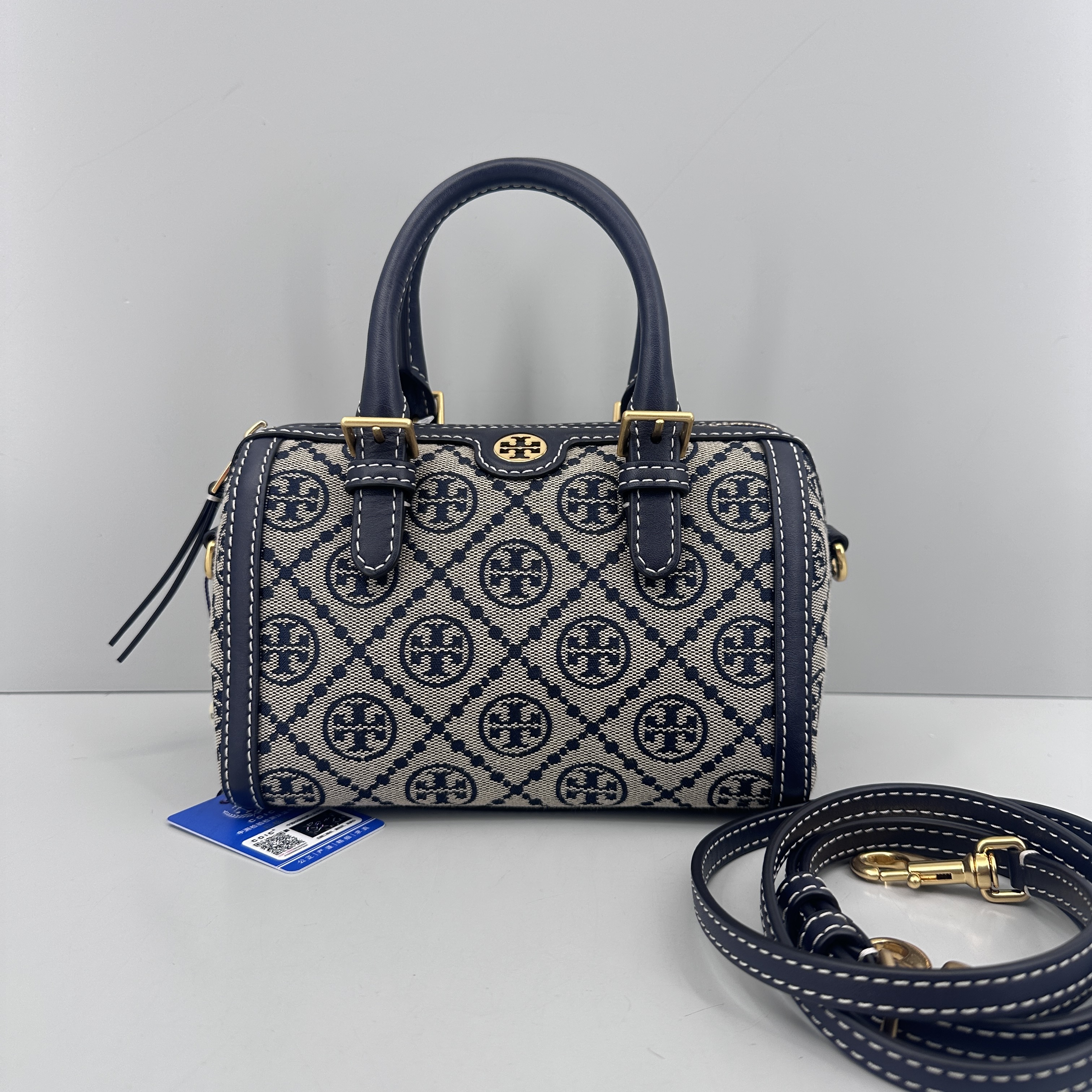 95新 TORY BURCH/汤丽柏琦 蓝色织物老花波士顿18X14X11cmM073007