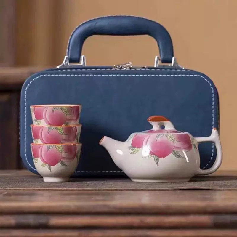 JK8082国潮寿桃家用轻奢高档一壶三杯户外式快客杯旅行茶具便携式