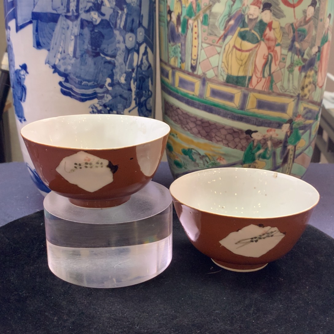 陶碗12837瓷器—外紫金釉开窗花草纹碗一对