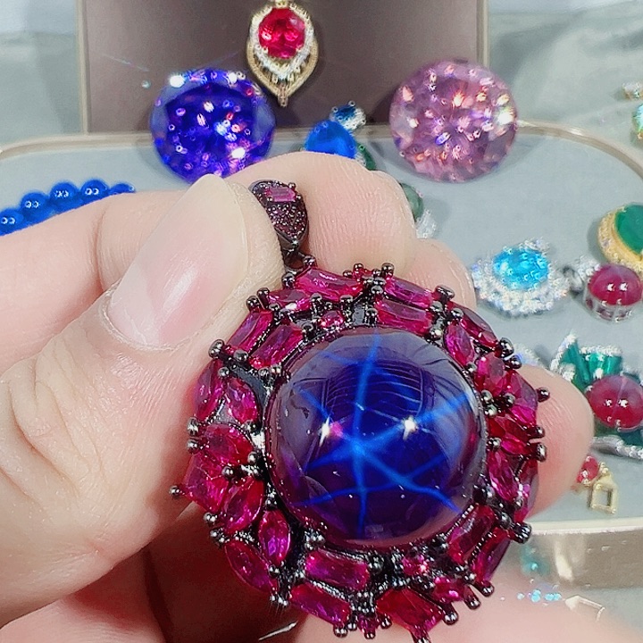 非金属红色蓝色满镶嵌吊坠戒指