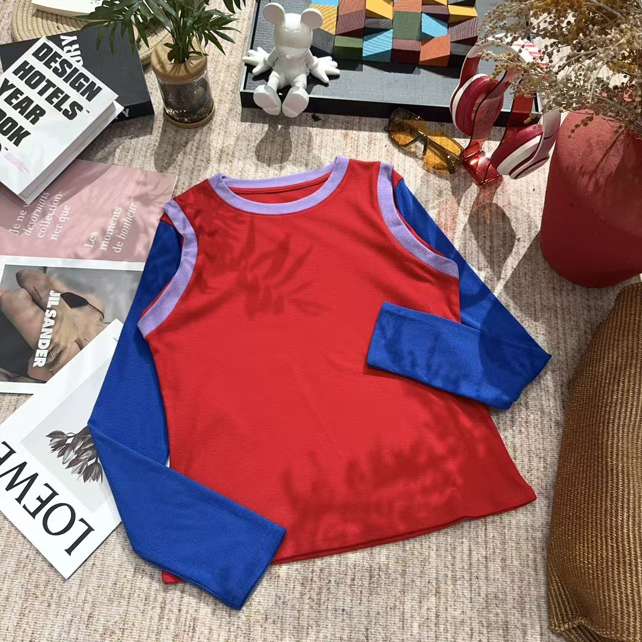 2025秋季新款时尚休闲拼色假两件设计长袖T恤5001