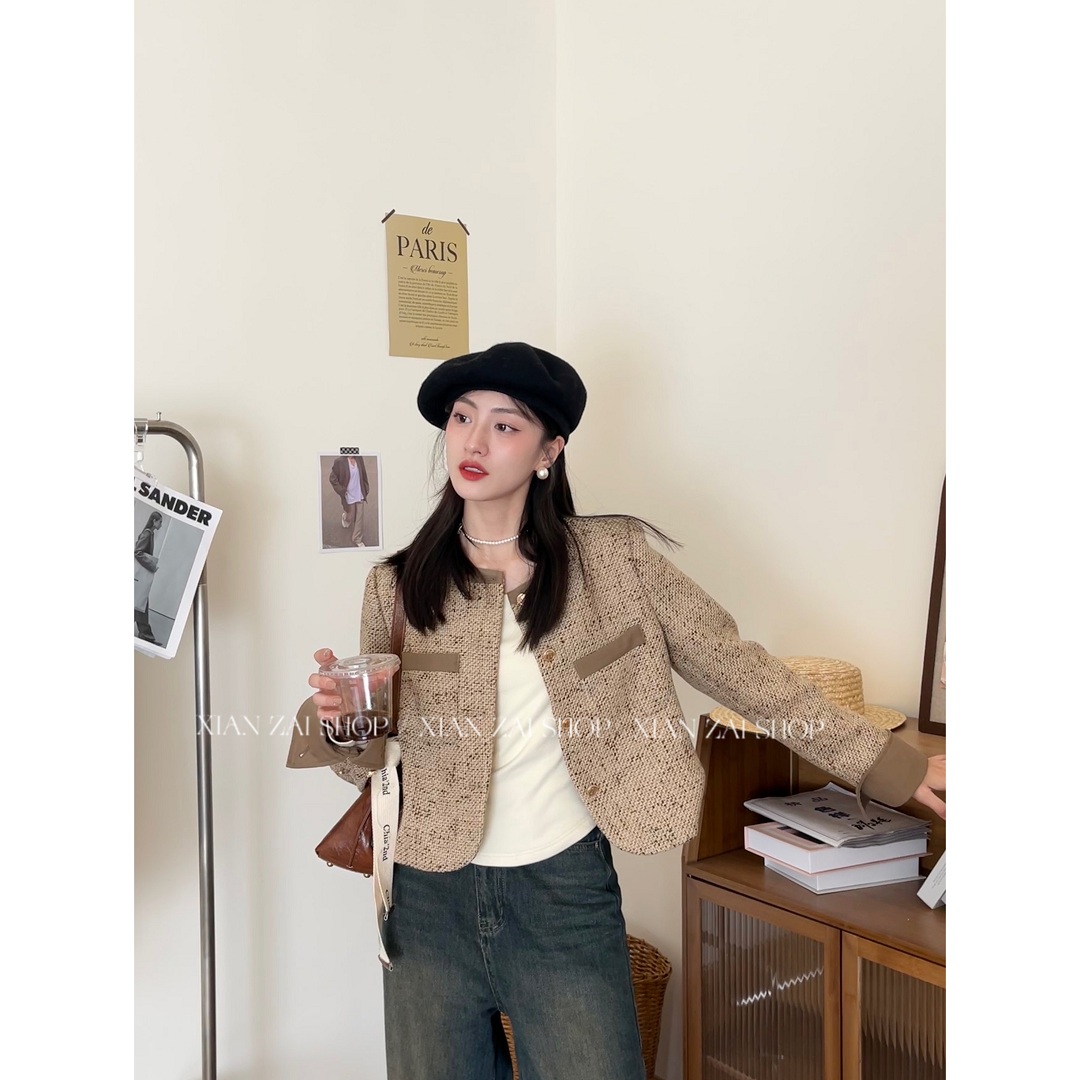 XIANZAI【豆乳奶茶】春秋奶茶色春秋韩版长袖设计感外套