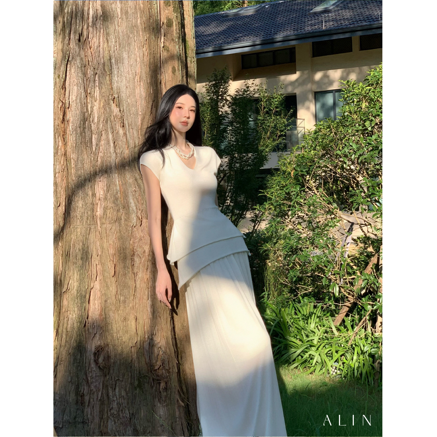 阿琳ALIN【从盈】气质V领设计感绵羊毛针织衫短袖时尚上衣AL5HZT15