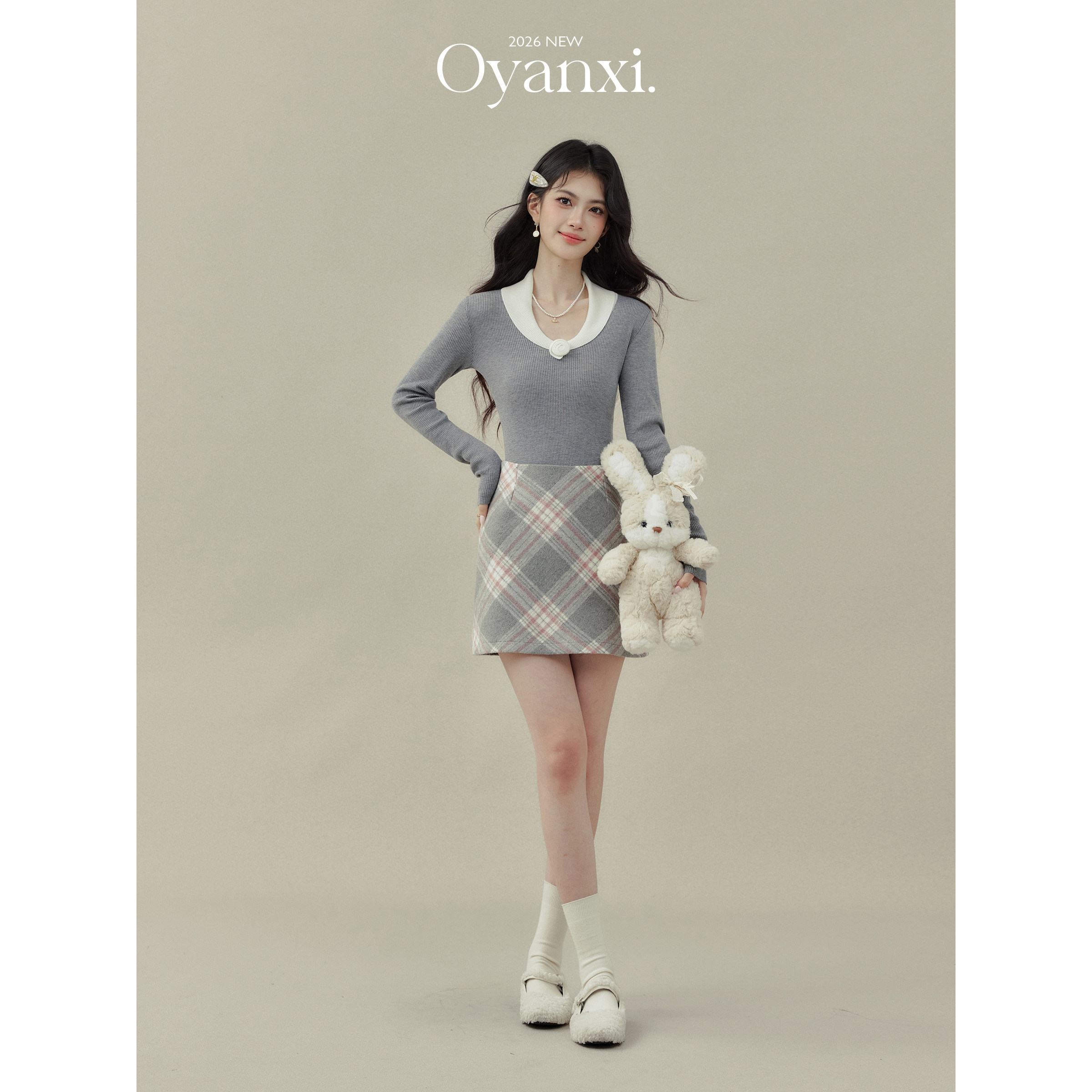 欧阳喜【伊顿女高】复古气质格纹半身裙秋冬高腰遮肉a字毛昵短裙