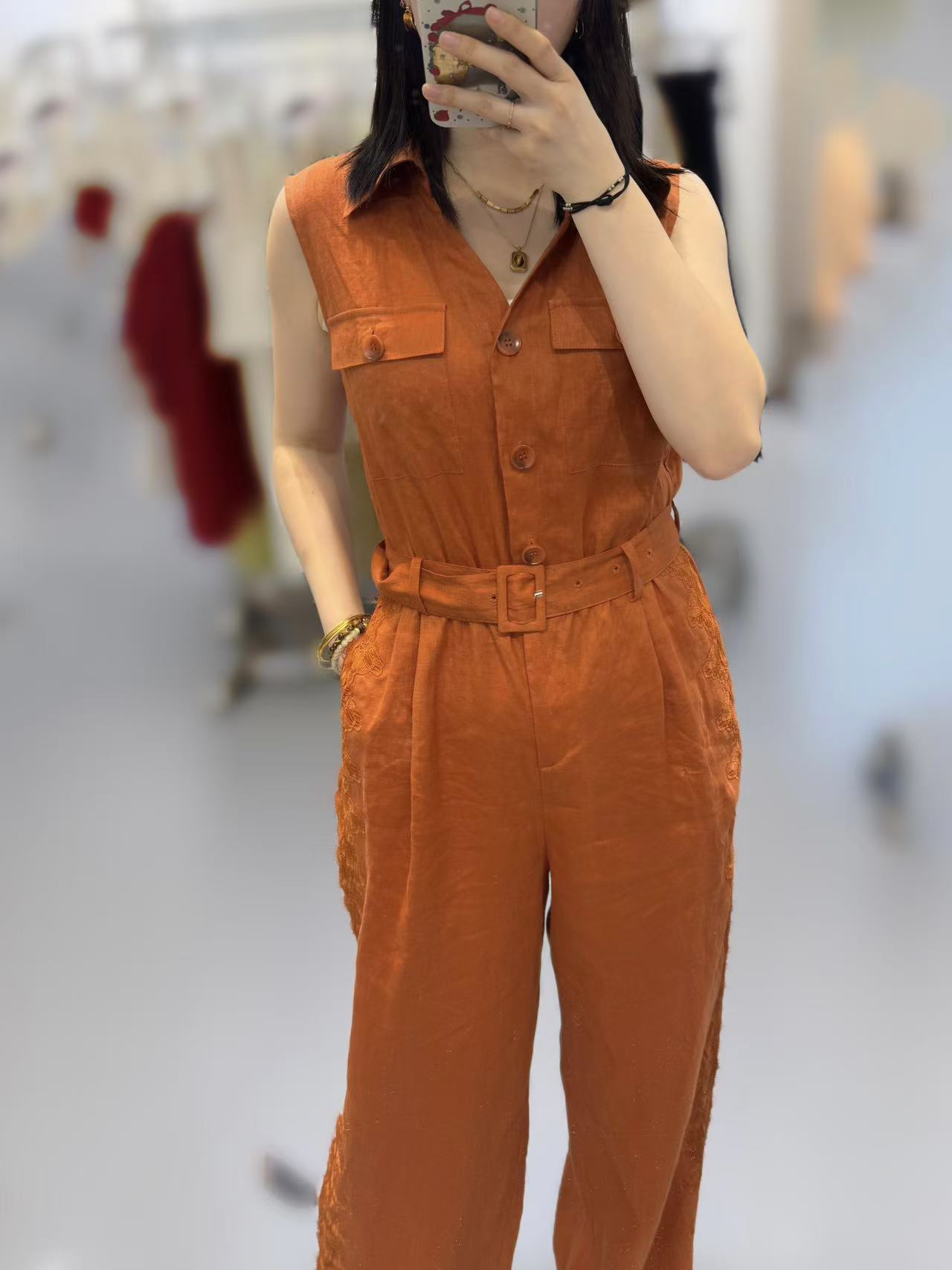 红姐严选V领无袖侧蕾丝连体裤31709