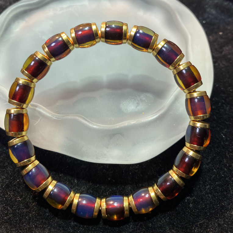 天然S925银红蓝桶珠蓝珀金盾文玩手串叠戴情侣款精工轻奢高级复古