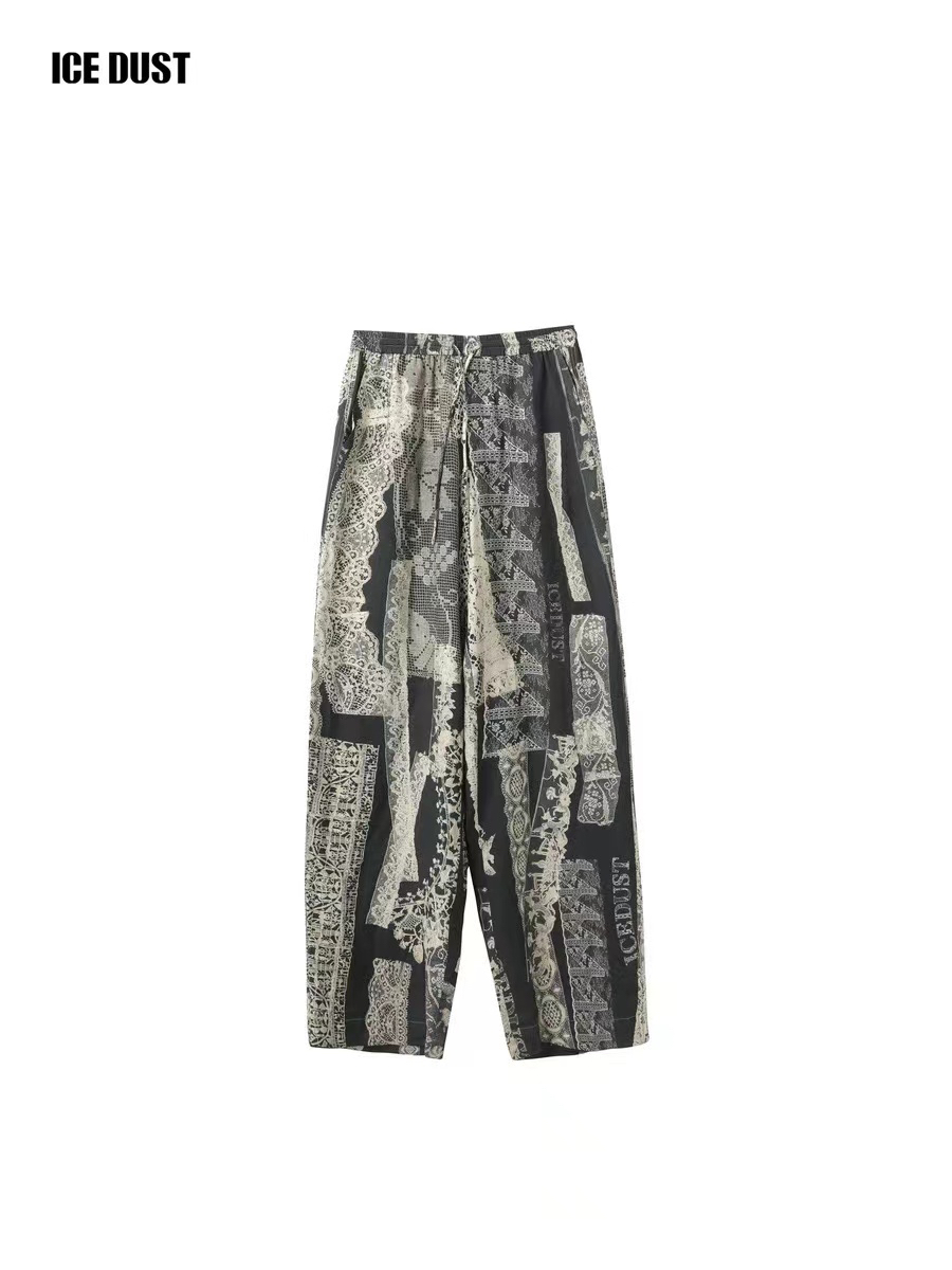 ICE DUST 25春夏系列新款复古印花直筒阔腿抽绳系带休闲裤
