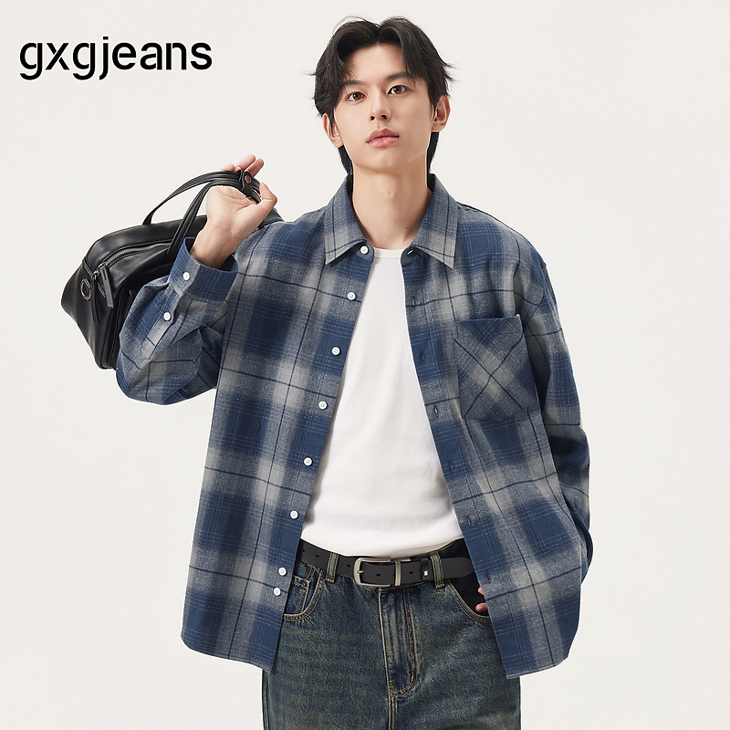 gxg.jeans男装 蓝色格纹简约通勤宽松长袖衬衫上衣男 25年秋新品
