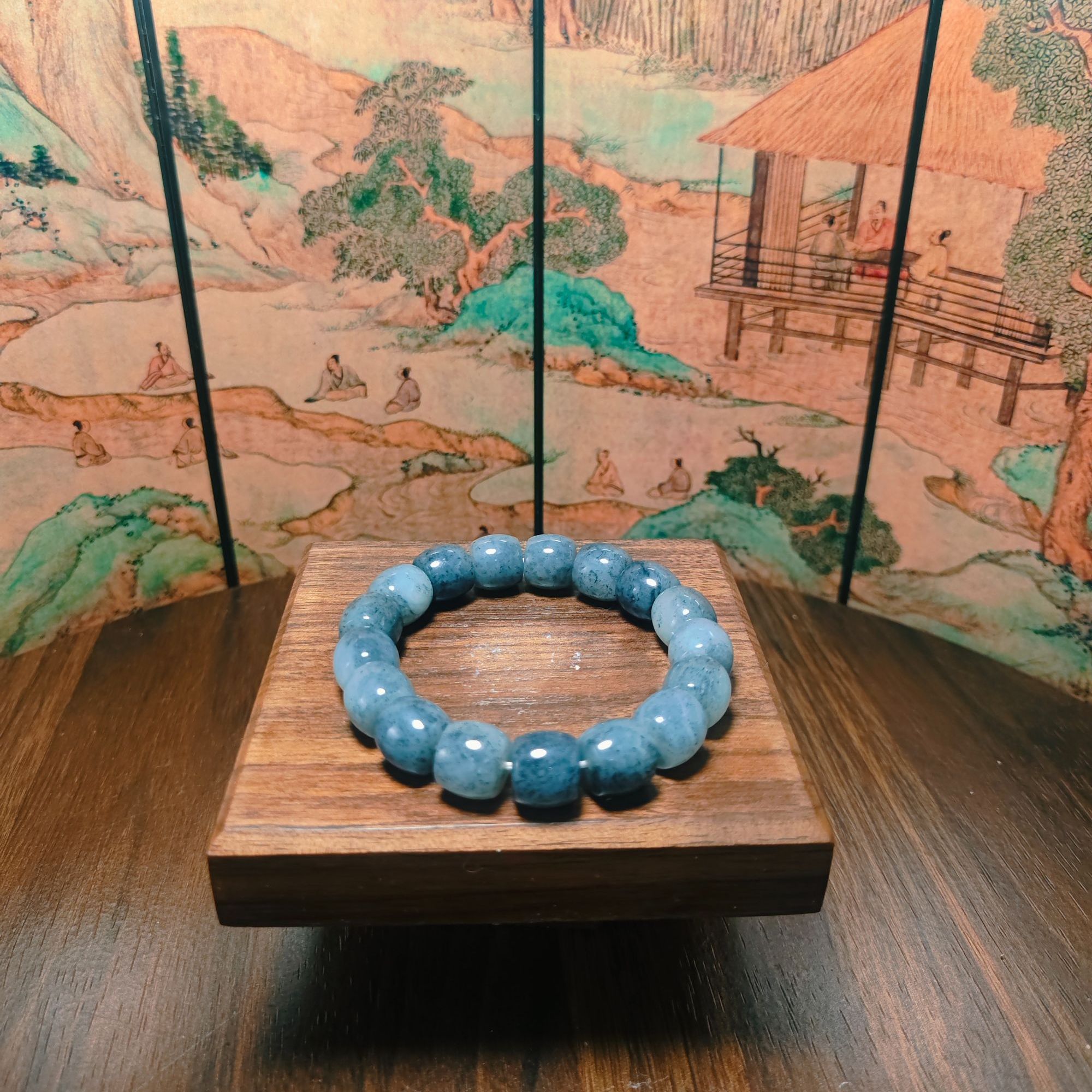 Q和田玉青花桶珠手串（卡12）0622