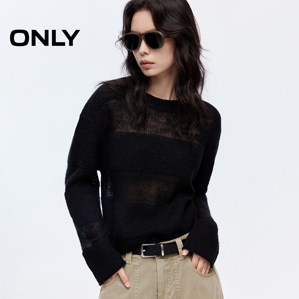 ONLY2025秋季新款优雅简约轻薄镂空宽松短款针织衫女|125413029