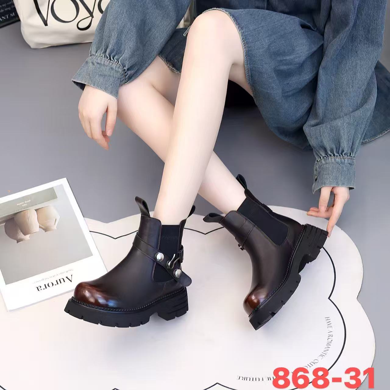868-31厚底平跟秋季胶粘英伦风秋冬女短靴冬季圆头潮流