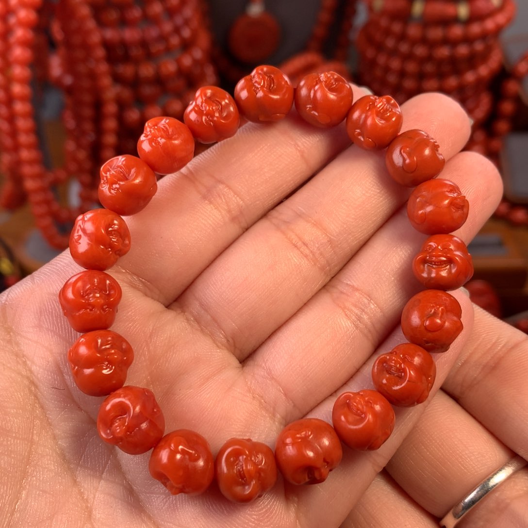 南红玛瑙川料瓦西笑佛10尺寸手串未镶嵌