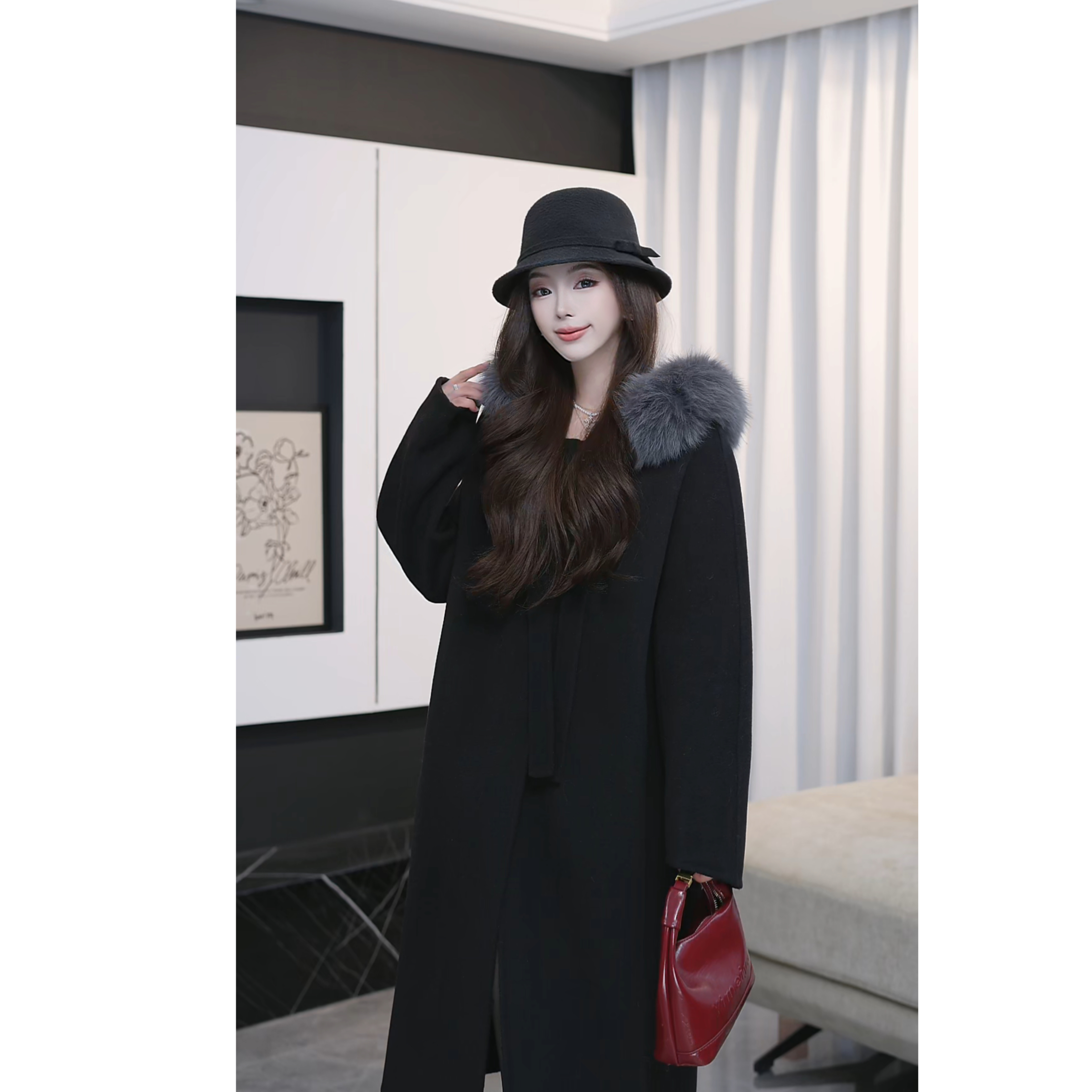 2026新款【新中式 小魔女】大狐狸毛领 双面羊毛大衣连帽魔女款W