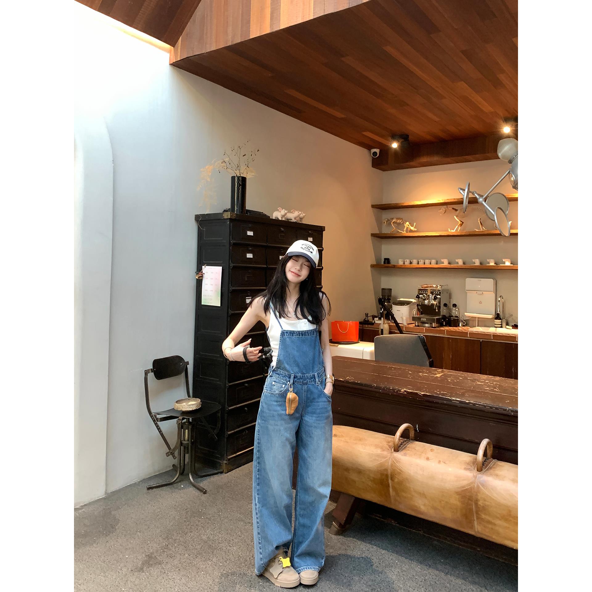 区区欧阳 水洗牛仔背带裤女夏季宽松背带裤复古长裤背带裤子