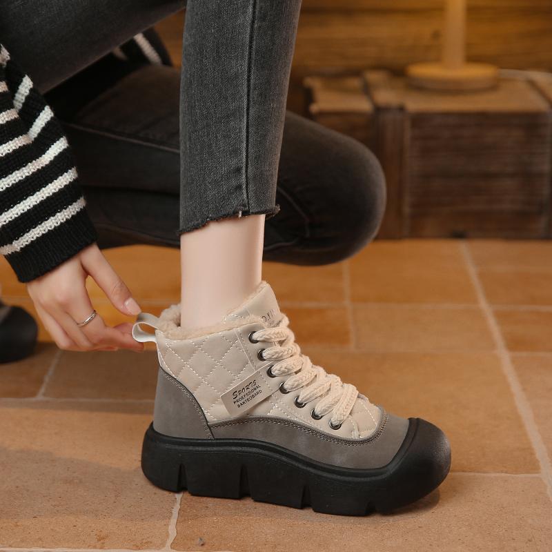 HY618新款2024秋冬季棉鞋拼色女鞋保暖高帮加绒厚底增高简约学生