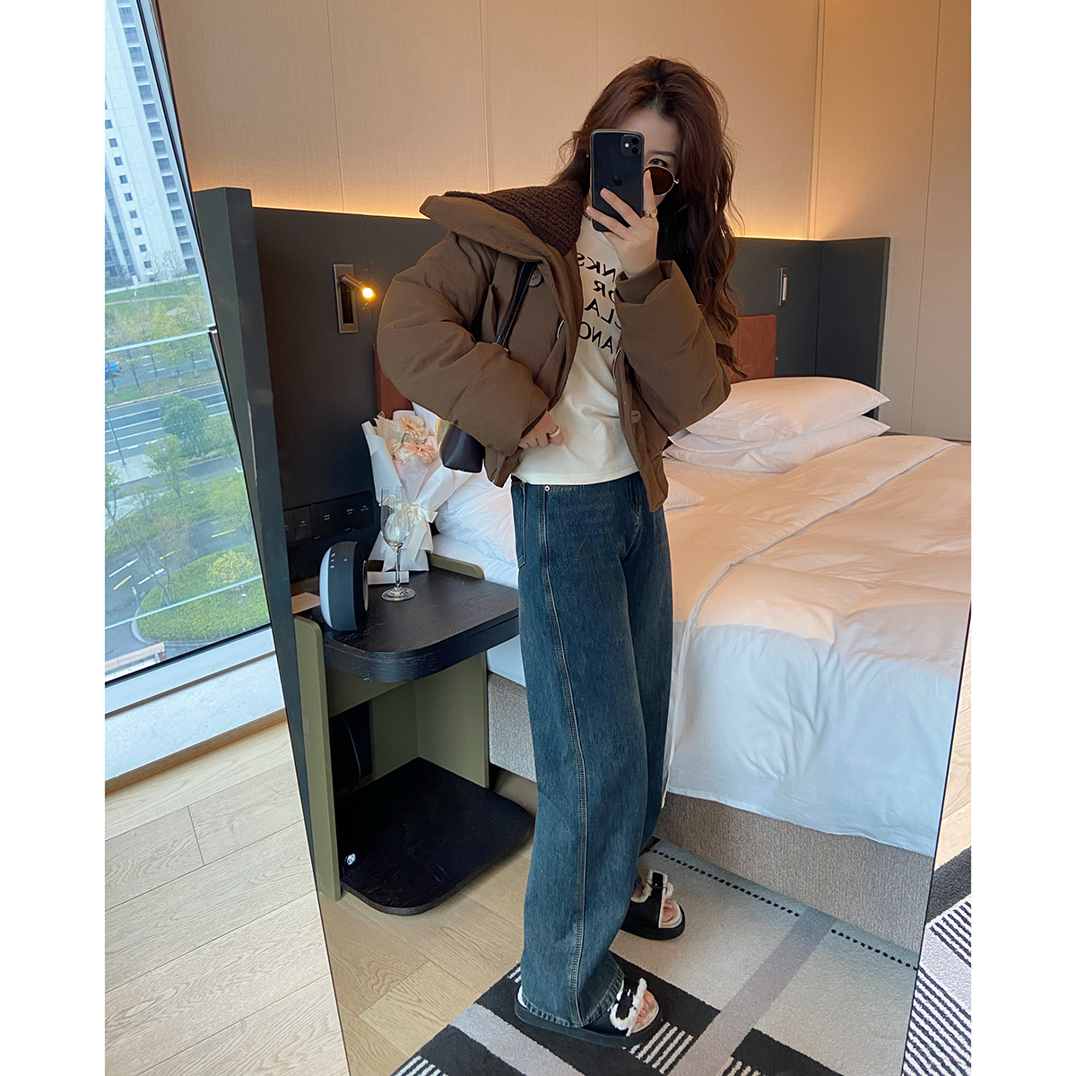 特价 本希benxe/厚绒一条过冬 复古加绒牛仔裤女百搭阔腿拖地裤
