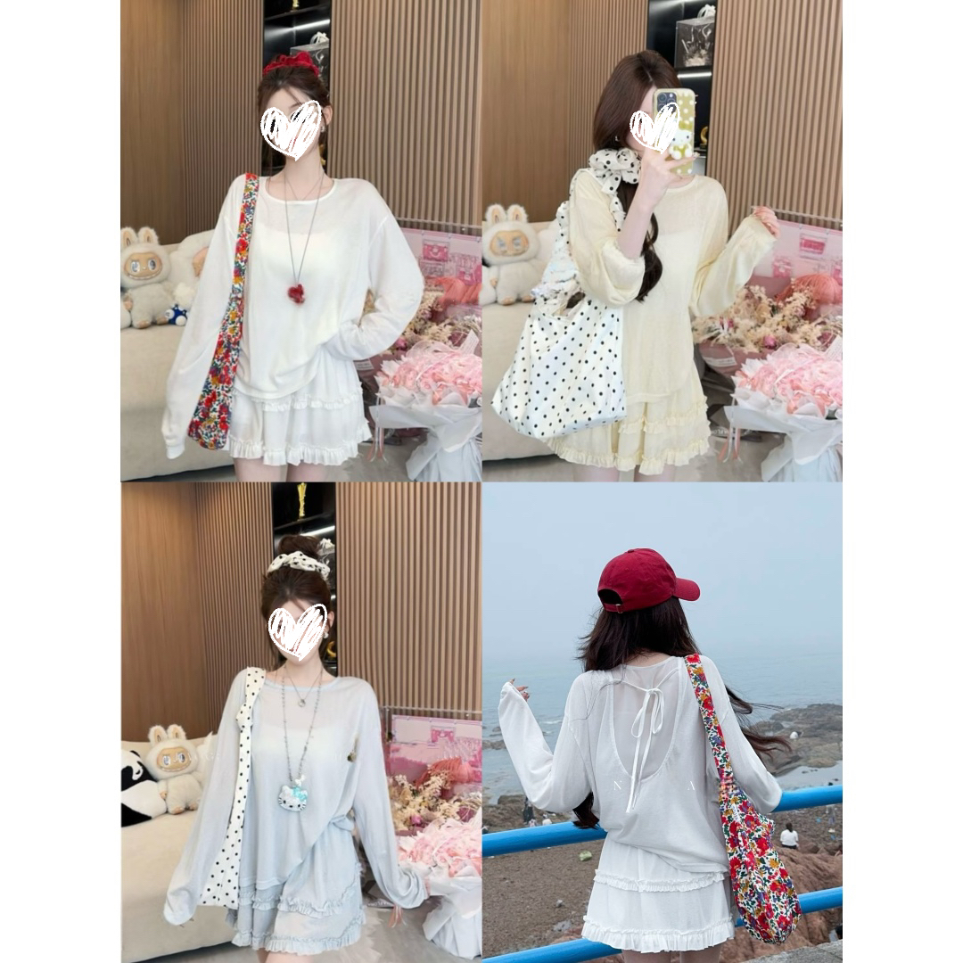 凉感雪花棉防晒长袖T恤上衣+木耳边半身裙套装 21978#