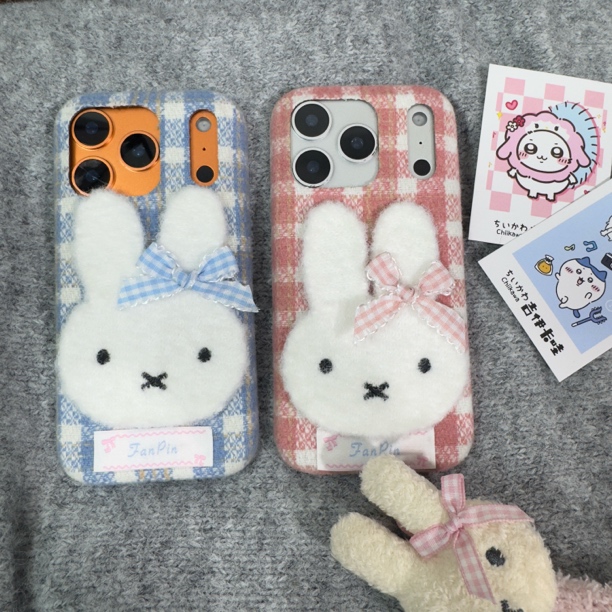 秋冬格纹毛绒刺绣米菲兔iphone17ProMax手机壳14/15绒布16pro全包