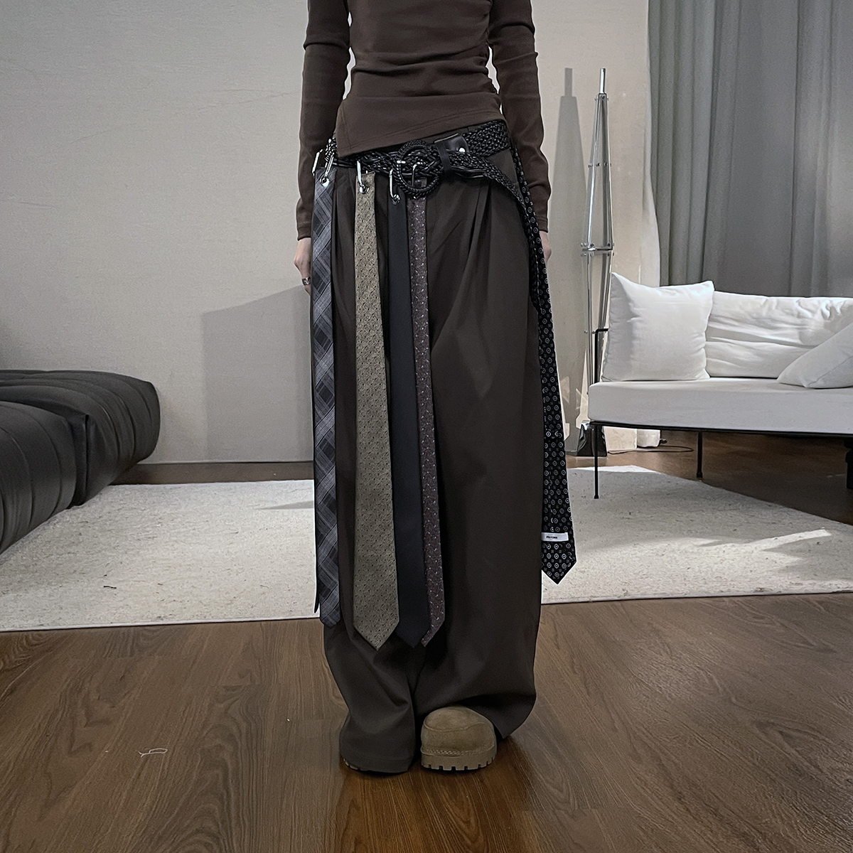 付新博女装领带装饰休闲裤两件套女个性阔腿长裤+腰带套装15287