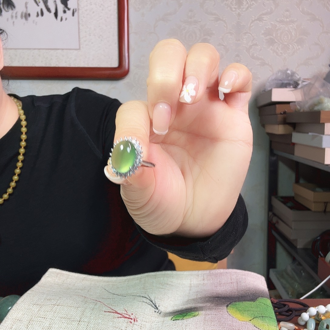 囍***月蛇纹石玉合金戒指